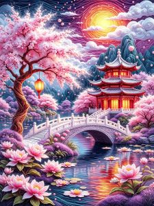 HUACAN Cherry Blossom Diamond Painting House Building Landscape Resin Square Round Drill Mosaic Bridge Wall Decor Handmade
