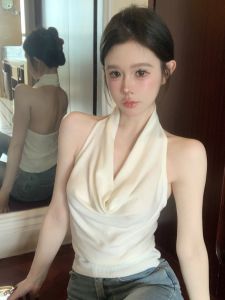 GUZILIAN | เสื้อกั๊กสายเดี่ยวคอวีเซ็กซี่สไตล์ไทยสำหรับผู้หญิง ทรงเข้ารูป แขนกุด ผ้าฝ้ายผสมโพลีเอสเตอร์ ทรงเข้ารูป เสื้อผ้าทำงาน