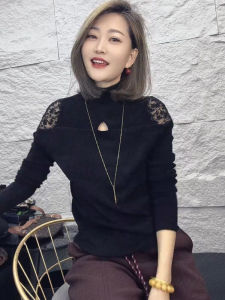Stylish Lace Splicing Hollow out Half High Collar Womens Knitted Sweater Base Shirt Inner Wear Top for Autumn Winter 2024