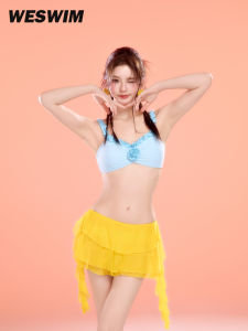 Cute Lace Bikini Set Small Chest Gathered Triangle Pants Hot Spring Soaking Vacation Resort Blue Girls Swimsuit Ensemble