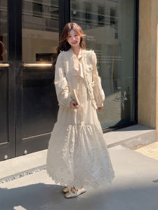 Beige Floral Embroidery Vest Dress Set Womens Spring Autumn French Style Skirt Casual mid Soft Polyester A-Line Dress