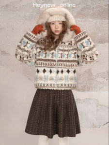 loveheynew | Áo Khoác Nỉ Dày Có Mũ Retro Fair Isle
