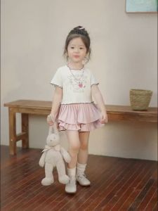 LOBER เสื้อยืดเดกผญ เสื้อยืดหมีน่ารัก เสื้อยืดเย็บขอบเห็ดรา เสื้อผ้าเด็กผู้หญิง1-6ปี เสื้อเด็กหญิง เสื้อยืดเด็กผู้หญิง