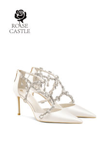 รองเท้าแต่งงานส้นสูงแบบสวมหัวประดับคริสตัลสไตล์ฝรั่งเศส Rose Castle รองเท้าแต่งงานฤดูร้อนสีขาวสำหรับผู้หญิง รองเท้าแต่งงานแบบสวมหัว