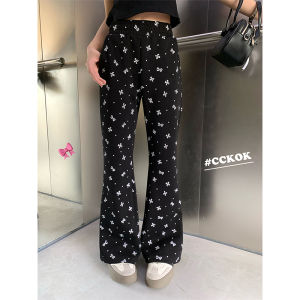 CCKOK High Waist Slimming Butterfly Knot Print Flared Pants Womens Casual Trousers Korean Style Spring Fashion
