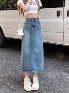 กระโปรงยีนส์ทรงเอเอวสูงสไตล์ย้อนยุคสำหรับผู้หญิงไซส์ใหญ่ กระโปรงทรงเอเข้ารูปทรงเอยาวปานกลางสำหรับฤดูใบไม้ผลิและฤดูร้อน