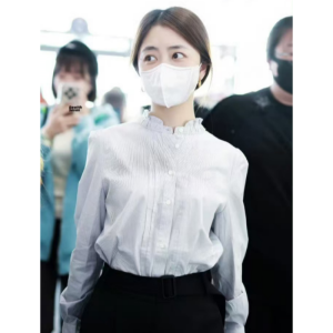 Long Sleeve Striped Shirt Womens Fashion Spring Autumn Luxury Feel Earlet Neck Design Korean Style Straight Cut Polyester Fabric