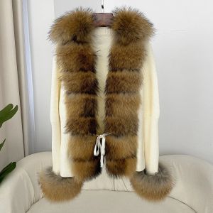 Luxury Patchwork Knitted Sweater Bandage Fur Cardigan Detachable Collar Jacket Fur Coat New Autumn-winter Womens Fur Coat