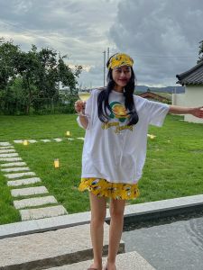 Cute Cartoon Designers Series Yellow Chicken Short Sleeve T-Shirt Nightgown Homewear for Women Pure Cotton Fabric