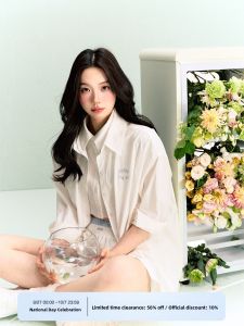 La Lune Du Ciel Blue Loose Womens Shirt And Shorts Set Design Sense Fake Two-Piece Polo Collar Long Sleeve Cotton Button-Up