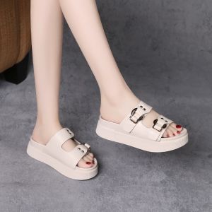 SHIPAILUO | 2022 Summer New Womens Flat Bottom Sandals Soft Bottom Fashionable Thick Heel Leather Slippers Outdoor Casual Shoes