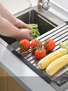 304 Stainless steel folding drainage rack Kitchen tableware drying rack Dish finishing drainer above sink Silicone storage rack