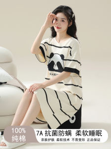 ชุดนอนผู้หญิงผ้าฝ้ายแท้ลายแพนด้า แขนสั้น คอกลม ทรงหลวม ยาวปานกลาง ชุดนอนสบายๆ สำหรับฤดูร้อน ชุดนอนผู้หญิง