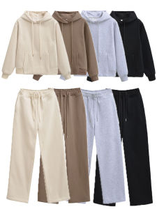 HH Women Casual Solid Hoodies Pants Sets Long Sleeve Pullover Sweatshirts Coat Drawstring Wide Leg Trousers Office Lady Suits