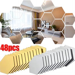 12/48pcs Hexagon Acrylic Mirror Wall Sticker Diamond Shaped Acrylic Tile Stickers Peel and Stick 3D Tile Wall Decals DIY Decor