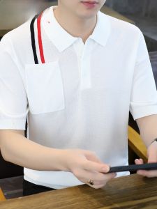 HENGYUANXIANG | Hengyuanxiang Mens Short Sleeve Polo Shirt Knitted Summer New Fashion Striped Pocket Design Turn-down Collar Breathable Thin Model