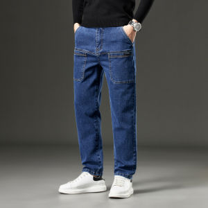 Mens Casual Straight Leg Jeans Elastic Waist Six Pockets Trendy Brand Spring Autumn Long Trousers Fashionable City Style