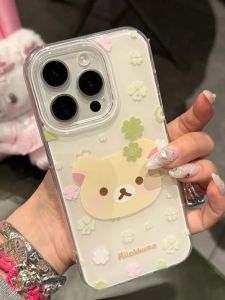 Magic Cute Shell Double Layer Four Leaf Clover Easy Bear Compatible Apple 16 Promax Phone Case 15 pro Anti Fall Cartoon Protective Cover 14 Pro/13 pro Girls Cute Style 12 Pro/11 Hard Shell