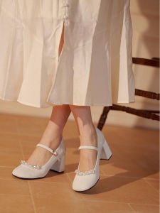 Elegant Sweet Large Size Mary Jane Shoes round Head Beaded Chunky Heel Single Shoes French Style Pearl Closure Casual Fashion