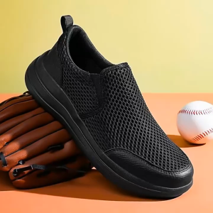 Breathable comfortable and trendy mens slip-on walking shoes with a distinctive wide-toe design.