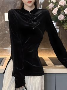 Elegant Long Sleeve Velvet Base Shirt Womens Spring Autumn New Style Button Design Unique T-Shirt Top Retro Ethnic Style
