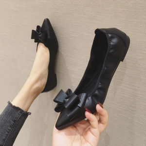 New Arrival Bows Gommino Flats Womens Soft Bottom Egg Roll Shoes Flats Pointed Work Shoes Black Professional Leather Shoes