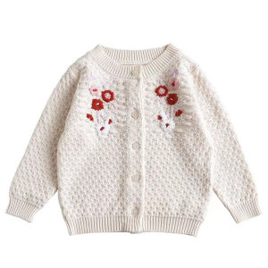 Spring 2024 Girls Cotton Knitted Sweater Cardigan Hand Embroidered Flower Baby Coat Long Sleeve round Neck Casual Style Knitwear