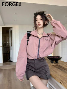 y2k Sun protection jacket for women Korean style Retro drawstring short long sleeved Standing Neck Zipper Jumpsuit