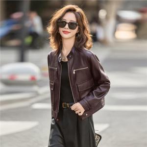 OUCAO | Punk Style Womens Biker Jacket Red PU Leather Slim Fit Zipper Closure Commute Fashion Short Coat Autumn New Arrival