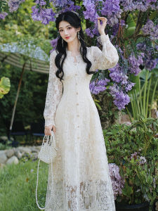 Elegant White Lace Long Sleeve Womens Dress French Style Waist Cinched Gown Beautiful Everyday Wear Small Formal Dress