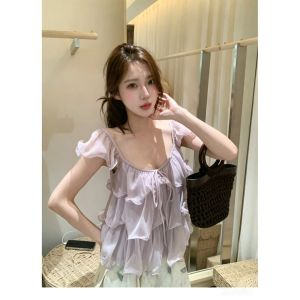 V.C.I | French Elegant Purple Ruffled Short Sleeve Blouse