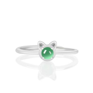TIMESWIND Cute Little Cat Natural Green Jade S925 Silver Women Open Ring with Certificate