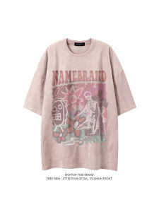 Whxs American Retro Skull Print Suede Couple Short Sleeve Mens Summer Fashion Brand Loose Half Sleeve T-shirt