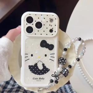 Sanrio | Ốp Điện Thoại Hello Kitty Họa Tiết Vỏ Sò Hàn Quốc Chấm Bi Đen Dành Cho iPhone 18/17/16/15 Pro Max Kèm Dây Đeo Chống Sốc Chống Xước