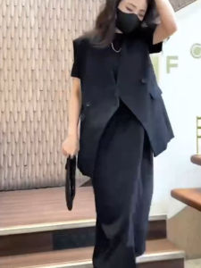 Loose Casual Two-Piece Set plus Size Straight Leg Midi Dress And Vest Korean Style Fashion Ensemble for Women over 200 Pounds