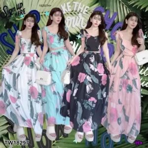 S18297 Set 2 ชิ้น เสื้อครอป สายเดี่ยวผูกไหล่ลายใบไม้ + กระโปรงยาวลายใบไม้