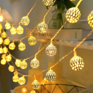 10/20 LED Moroccan Metal Ball Light String Golden Hollow Spherical Fairy Light Suitable For Indoor Bedroom Wedding Decoration