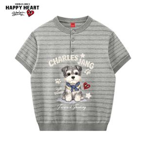 CHARLES JANGS HAPPY HEART | Striped Heart and Dog Print Short Sleeve T-Shirts