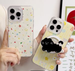 เคสโทรศัพท์ชาร์จไร้สายแม่เหล็กแมวน่ารักพร้อมเคสซิลิโคนแบบนิ่ม Magsafe ที่จับสำหรับ IPhone 16 11 15 14 13 12 Pro Max