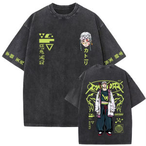 Bandai | Summer New Vintage Wash Demon Slayer Anime Graphic T Shirt Nezuko Print Men Women Cotton Short Sleeve Tee Streetwear Casual Tops