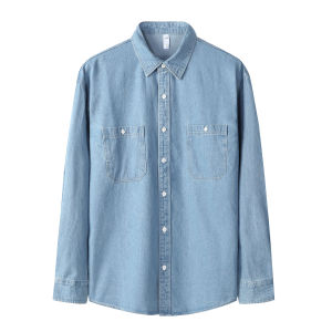 Spring and Autumn Men Pure Cotton Blue Denim Shirt Jacket Easiest for Match Stylish Niche Style Casual Shirt Shirt Men