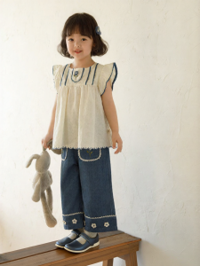 YOEHYAUL | Cotton Breathable Girls Summer Suit Denim Pants