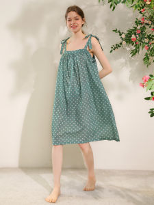 XEXZ | Pure Cotton Polka Dot Print Sweet Strap Sleep Dress Women Summer New Style Simple Square Collar Mid-length Gown Youth Online Exclusive