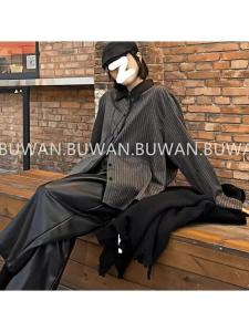 เสื้อเชิ้ตลายทางไซส์ใหญ่สำหรับผู้หญิง ทรงหลวม แขนยาว คอโปโล ทรงหลวม สไตล์เกาหลี เส้นใยโพลีเอสเตอร์