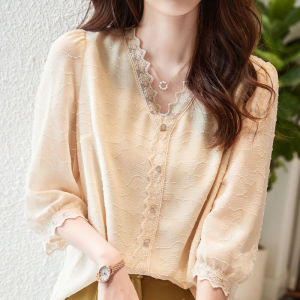 Loose V-neck Seven-quarter Sleeve Lace Trim Texture Sensation Silk Shirt Womens Top Spring Summer New Arrival Fashion