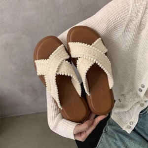 COD厚底凉拖鞋女夏季外穿2024新款台州时尚复古一字拖海边度假沙滩鞋Model baru dengan penghantaran bebas