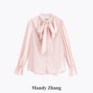 Elegant French Style V-Neck Bow Ribbon Flared Collar Loose Satin Shirt