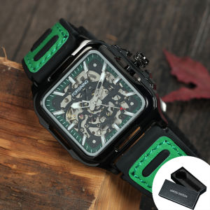 Forsining | Forsining Sports Mechanical Watches Fashion Square Skeleton Automatic Watch for Men Blue Rubber Leather Strap Luminous Hands New