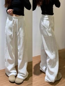 กางเกงวอร์มสปอร์ตทรงหลวมเอวสูงสำหรับผู้หญิง สีขาวเทา ทรงตรง ทรงสลิมฟิต กางเกงขายาวทรงขากว้างสำหรับผู้หญิงไซส์เล็ก