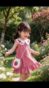 Fashion Summer 2PCS Toddler Red Strawberry Gingham Sleeveless Ruffle Hem Sundress+Purse Summer for 0-3Y Baby Girl Casual Outfit